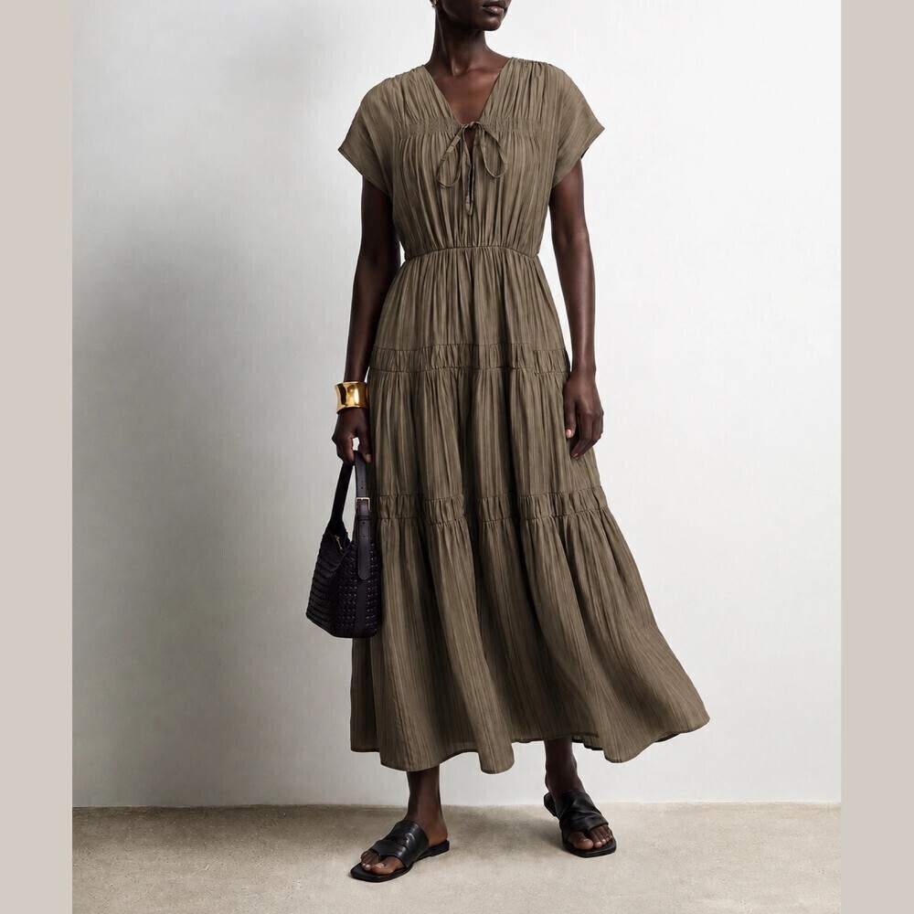 Olive Brown Tiered V Neck Tie Front Short Sleeve Maxi Dress